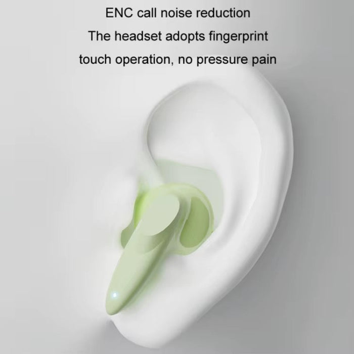 White earbud with green accent on a gray background, featuring text about noise reduction and touch operation.