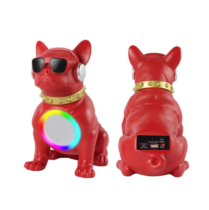 Red dog-shaped speaker with sunglasses and a gold collar on a white background
