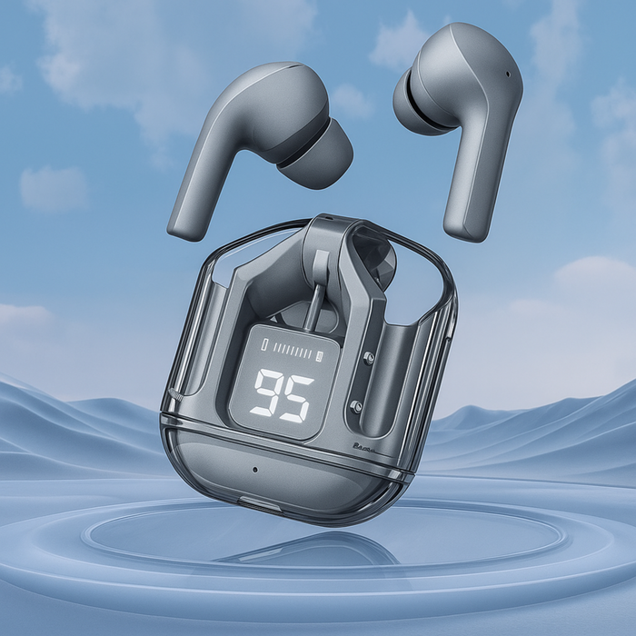 Wireless earbuds with charging case on a blue wave background