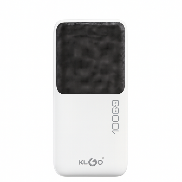 White power bank with black top and 'Kloo' branding on a white background