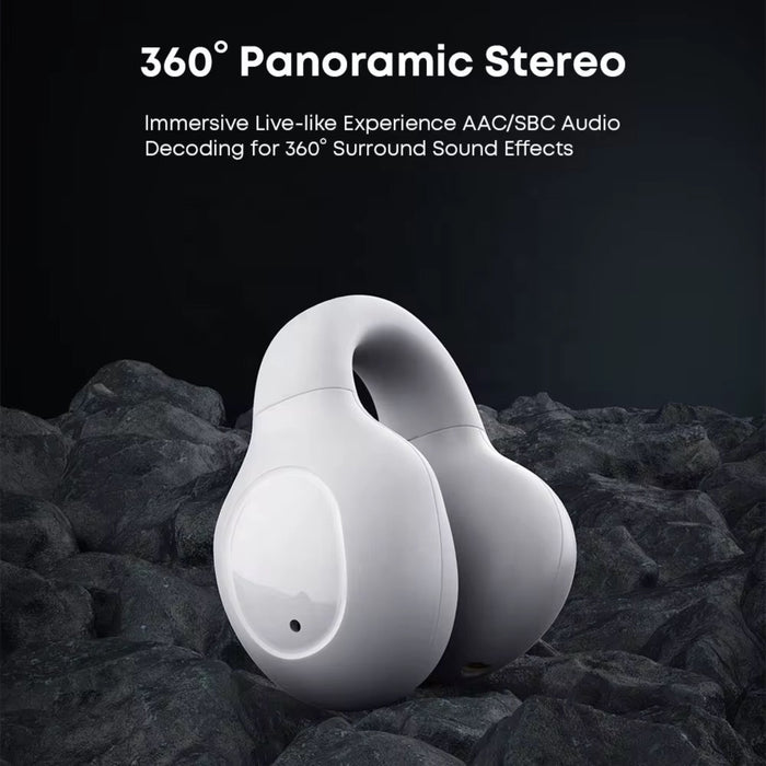 White 360-degree panoramic stereo device on a dark rocky background with text about audio technology.