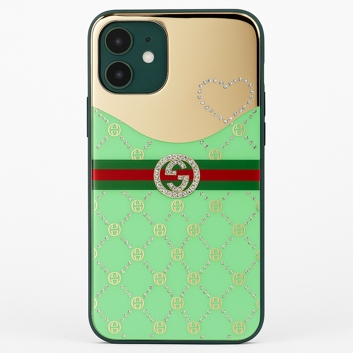 iPhone 12 Designer Mirror Case – Rhinestone Blush & Green Duo