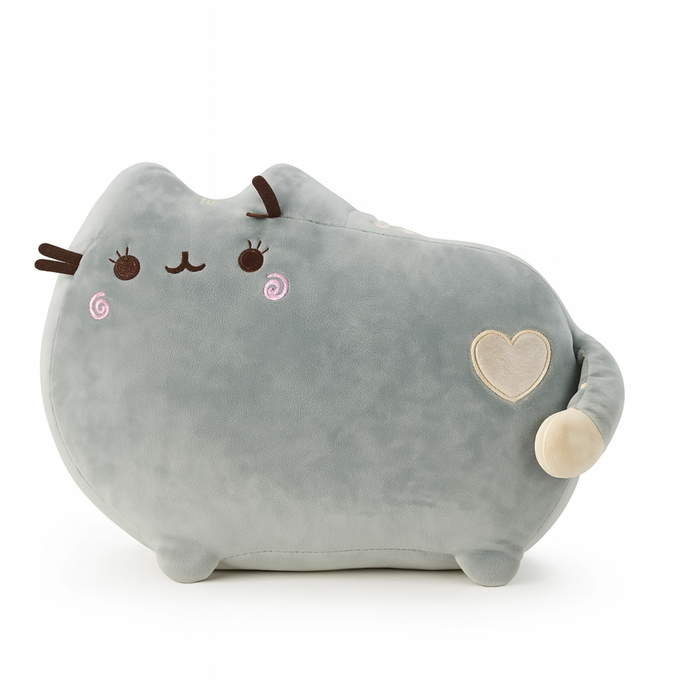 Gray plush toy with a heart on a white background