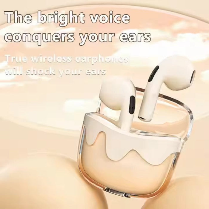 True wireless earphones with a clear case on a beige background, accompanied by promotional text.