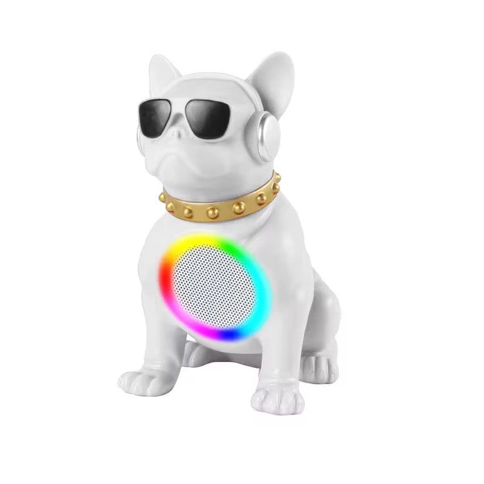 White dog-shaped speaker with sunglasses and a gold collar on a white background