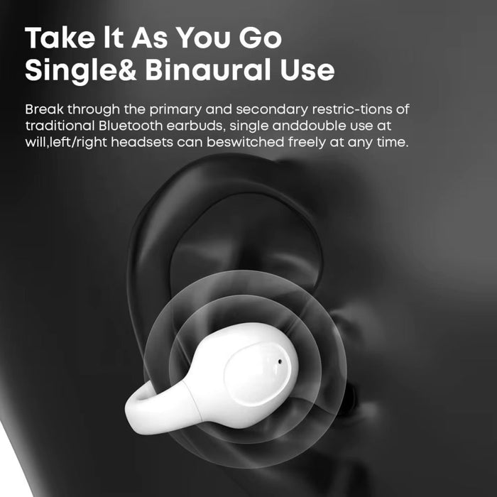 White wireless earbud with text on a dark background