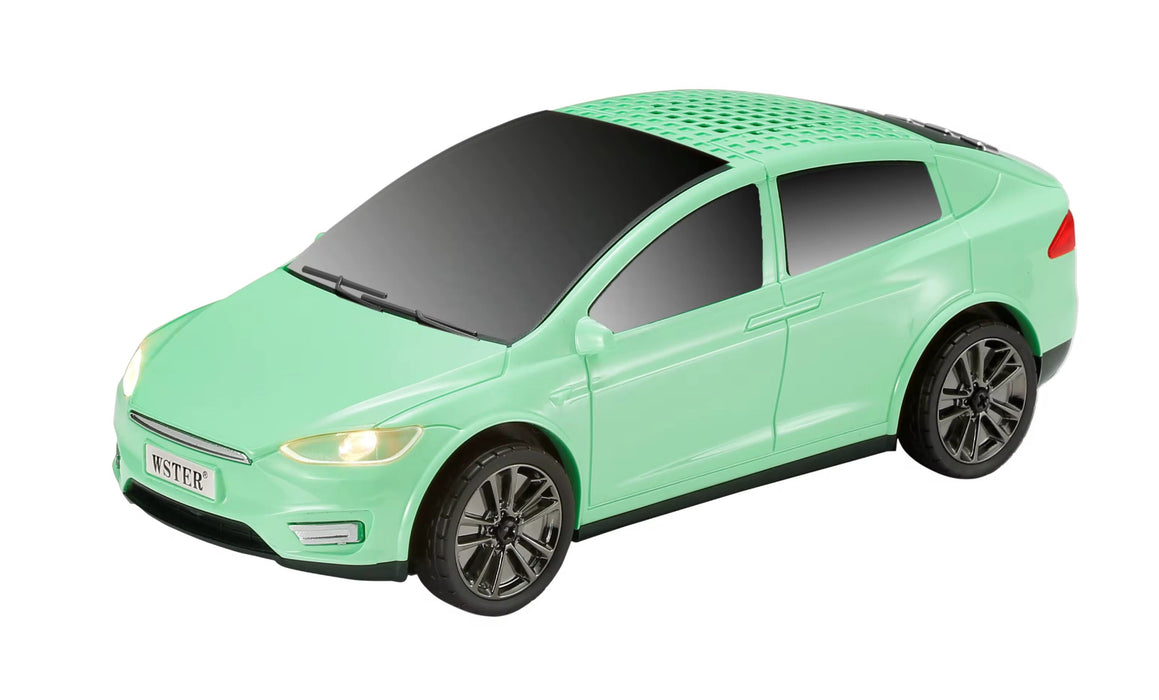 Green toy car with black wheels on a white background