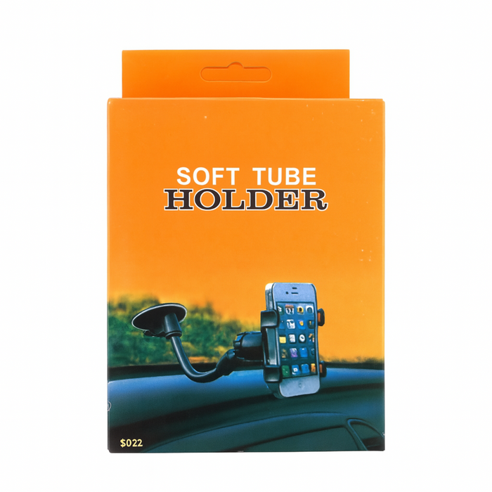 Orange packaging of a soft tube holder with a phone mount on a car dashboard.