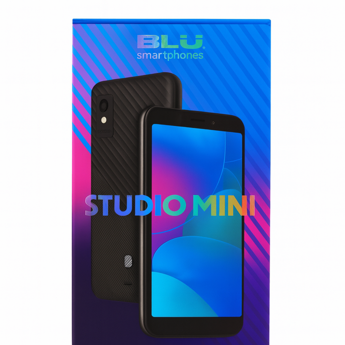 BLU Studio Mini smartphone packaging with phone images on a colorful background