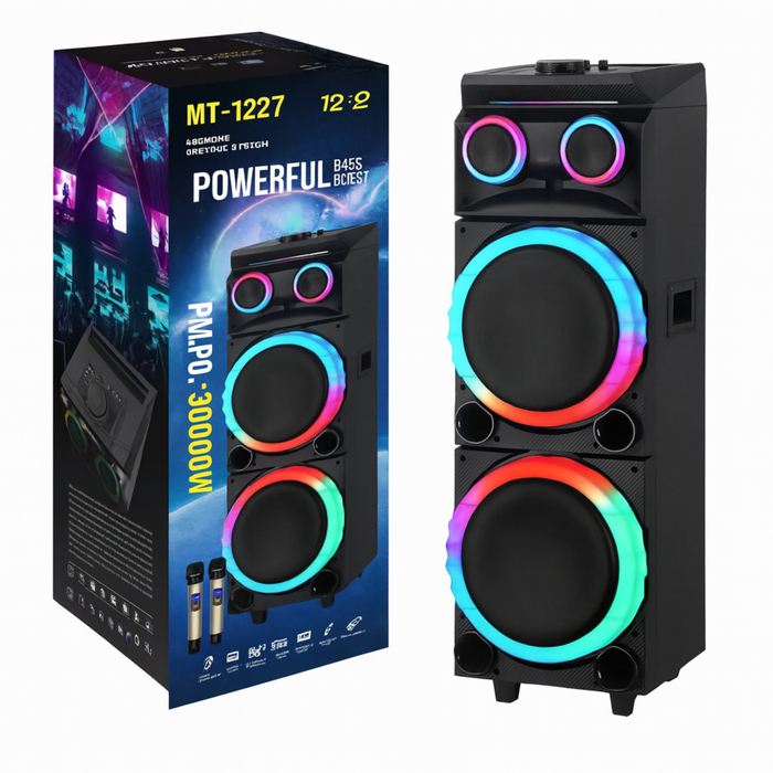 Pair of black speakers with colorful LED lighting next to their packaging box.