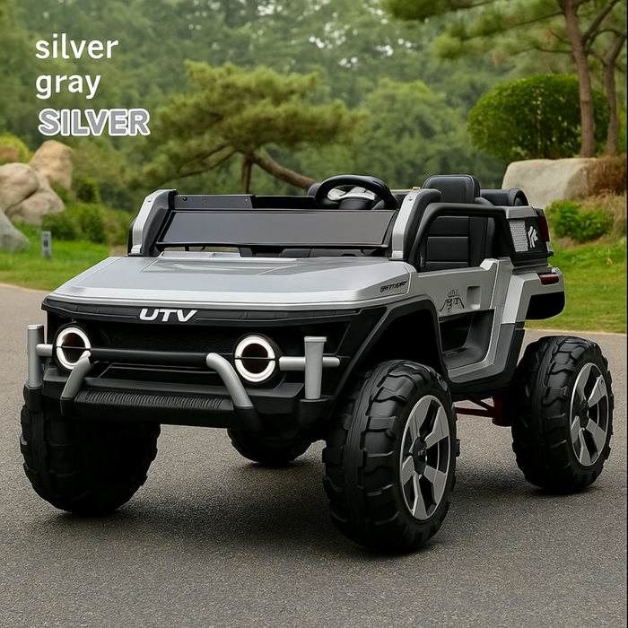 Silver gray UTV toy vehicle on a road with greenery in the background