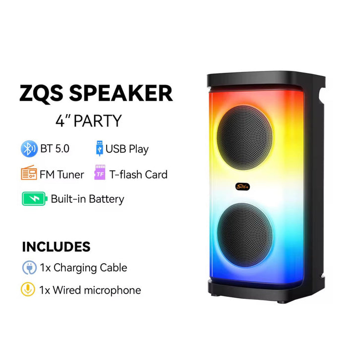 ZQS Speaker with colorful gradient design on a white background