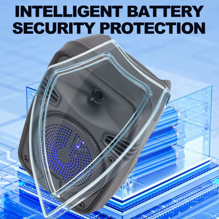 Product with transparent cover on a blue background, labeled 'Intelligent Battery Security Protection'.