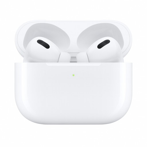White wireless earbuds in a charging case on a white background