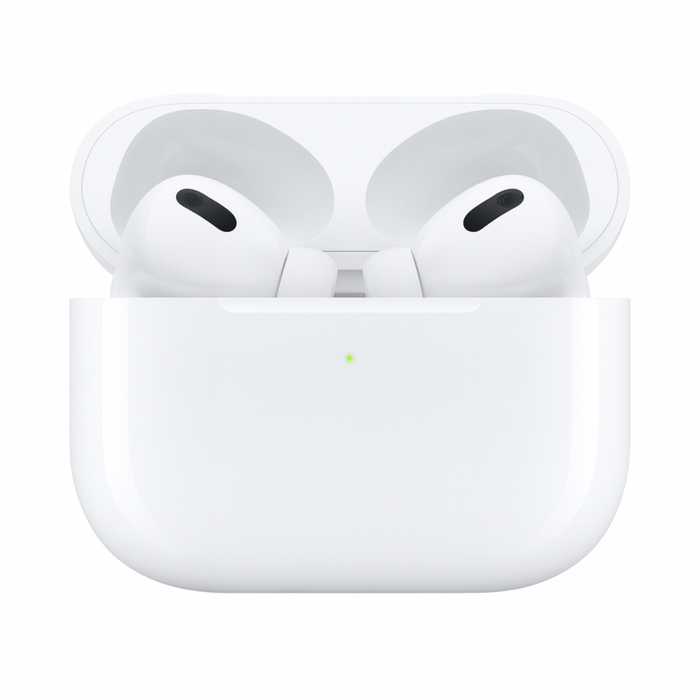 White wireless earbuds in a charging case on a white background