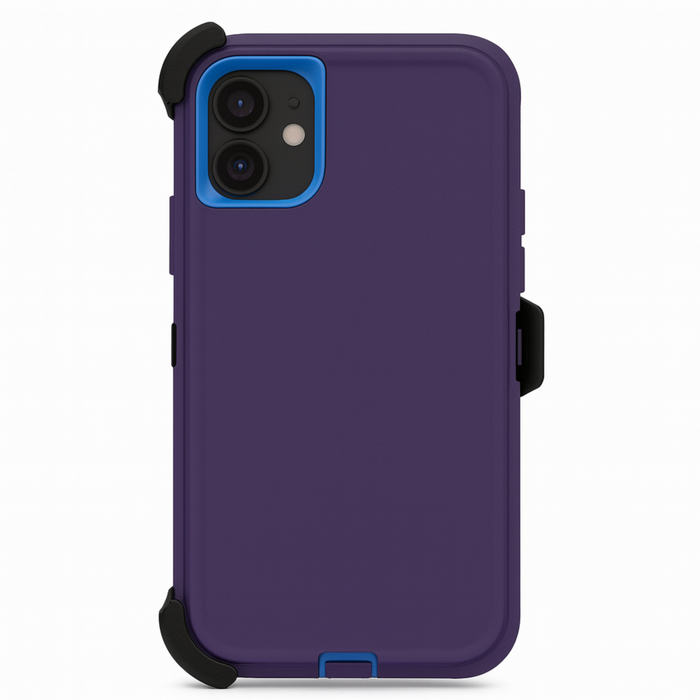 Purple phone case with black and blue accents on a white background