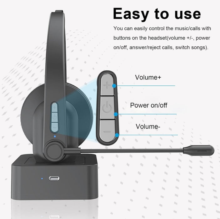 Wireless Mono Bluetooth Headset with Charging Dock and Mic – Noise Cancelling