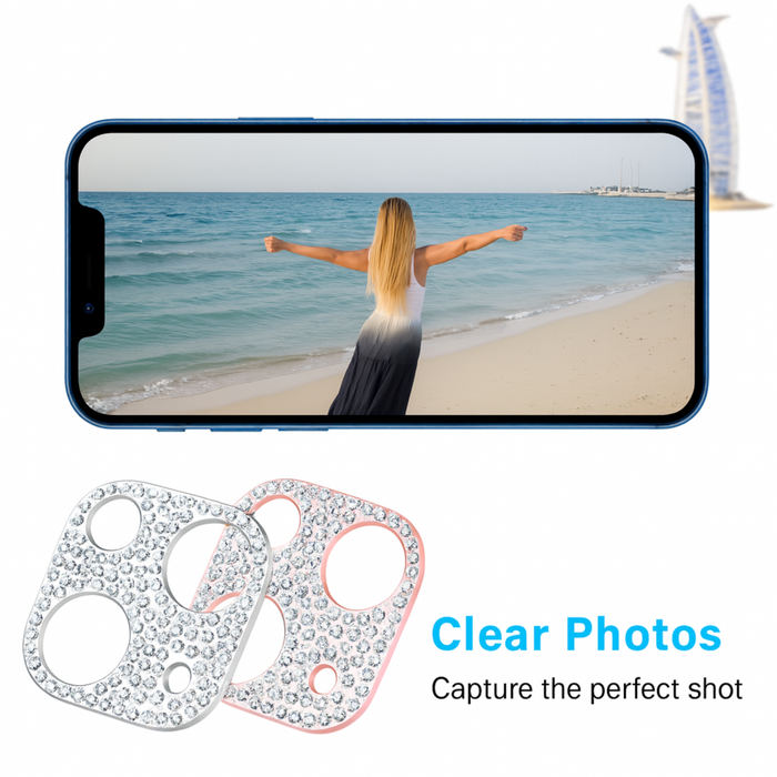Smartphone displaying a beach scene with a phone lens cover and text 'Clear Photos' on a white background.