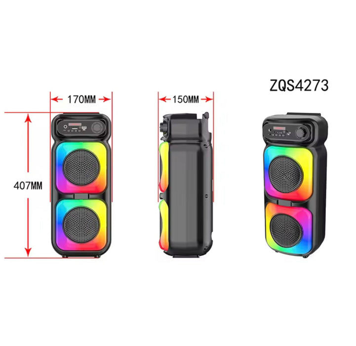 Multicolored portable speaker with dimensions and model number ZQS4273 on a white background