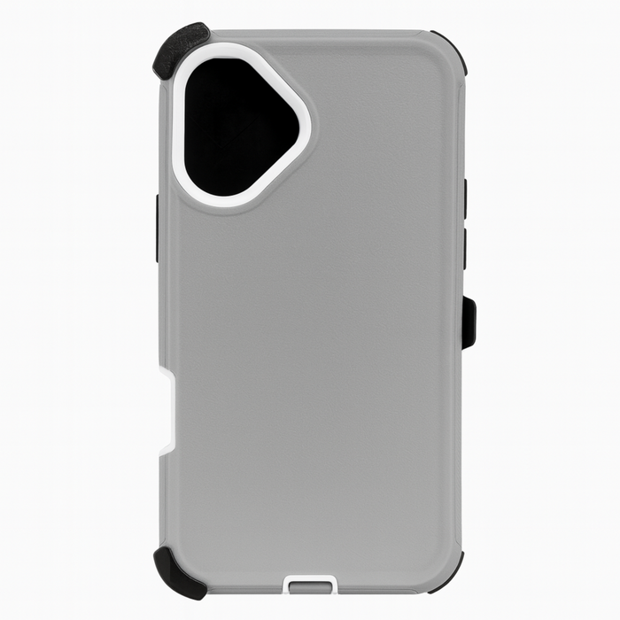 Gray phone case with black accents on a white background