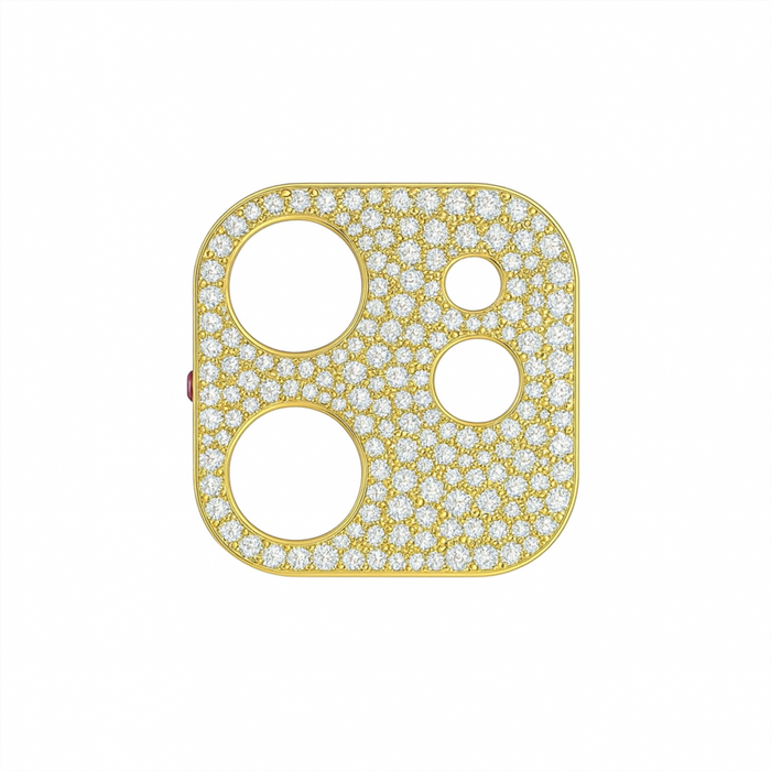 Gold and diamond-encrusted Apple Watch case on a white background