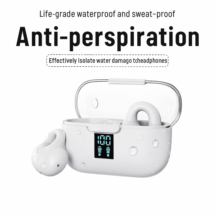 White wireless earbuds with charging case on a white background, featuring text about anti-perspiration and water resistance.
