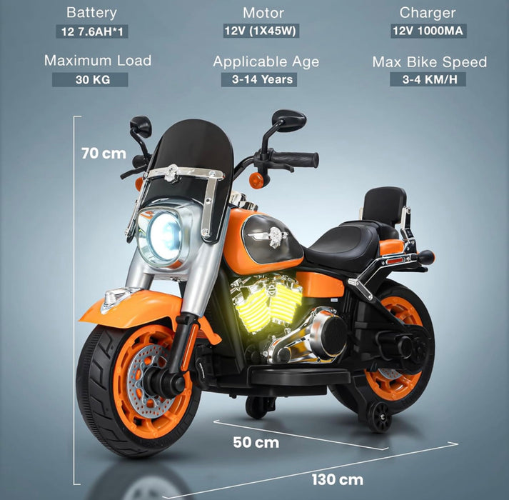 Children's toy motorcycle with specifications on a gray background