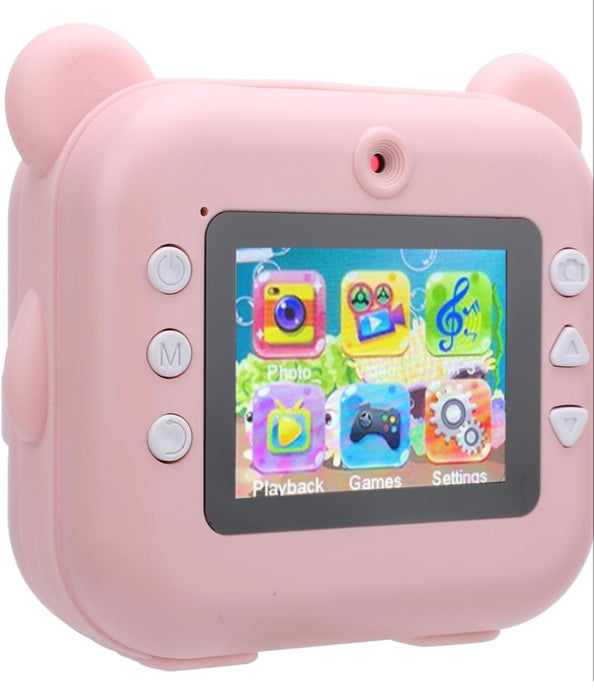 Pink children's toy camera with a screen displaying colorful icons on a white background