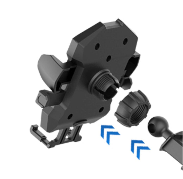 Black mechanical component with blue arrows on a white background