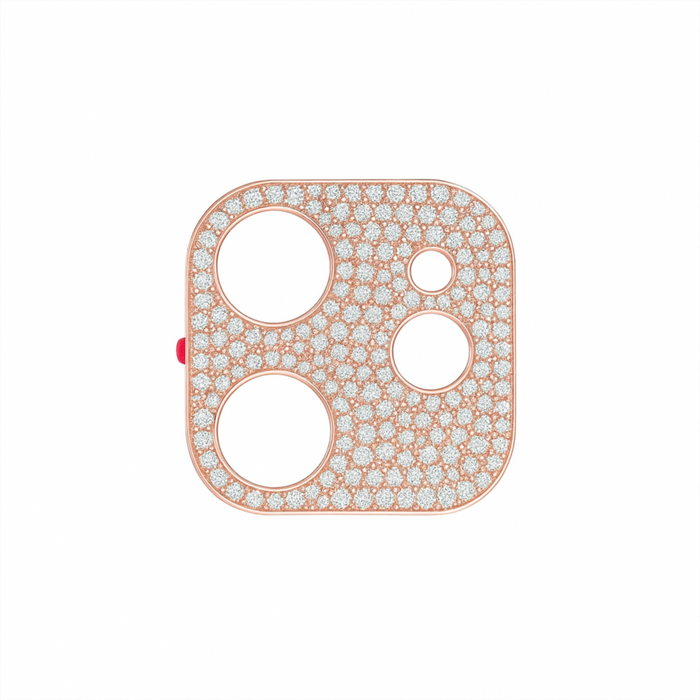 Rose gold phone case with diamond-like stones on a white background