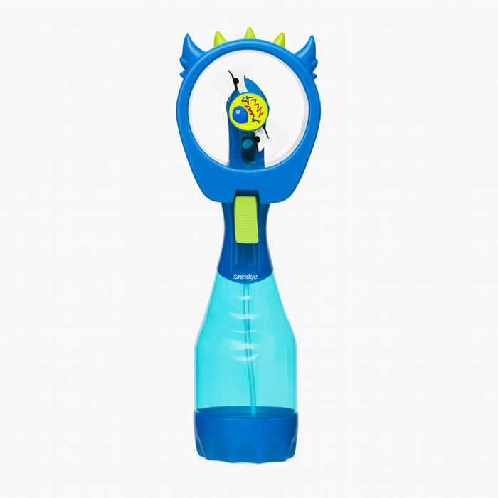 Blue and green toy with a magnifying glass-like top on a white background