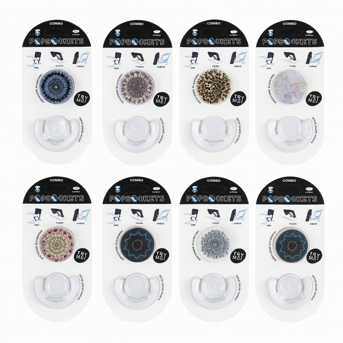 Multiple packages of PopSockets with various designs on a white background