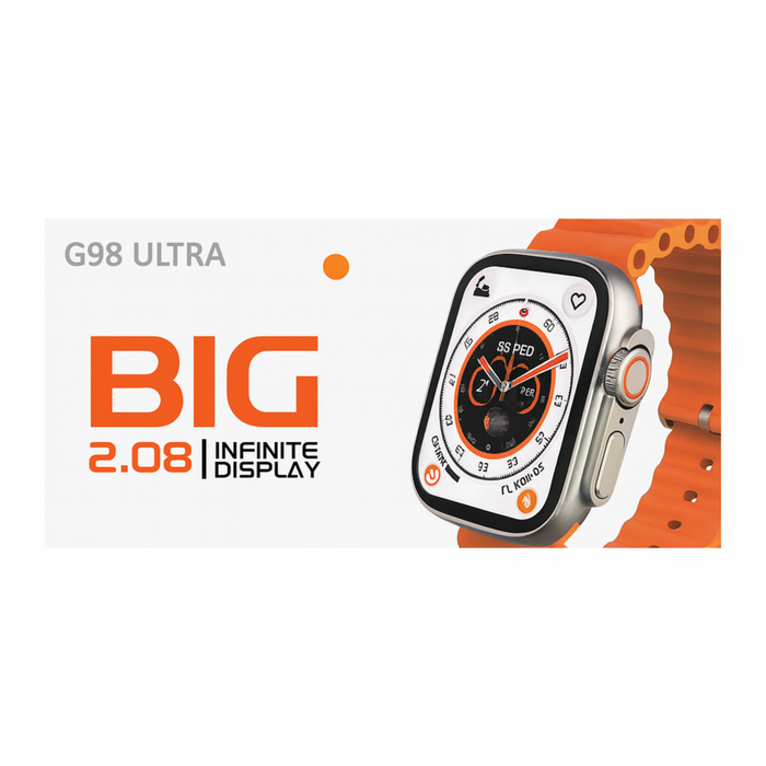 Smartwatch with 'G98 Ultra' branding and 'BIG 2.08 Infinite Display' text on a white background.