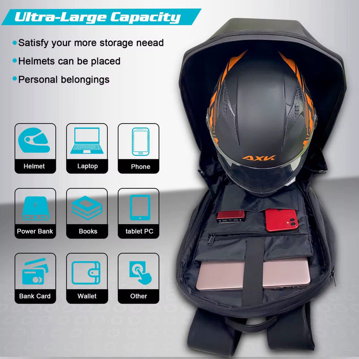 Backpack with helmet storage feature and capacity details on a gray background
