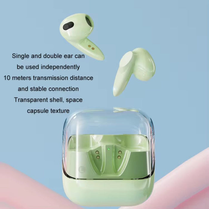 Green wireless earbuds with transparent case on a light blue background