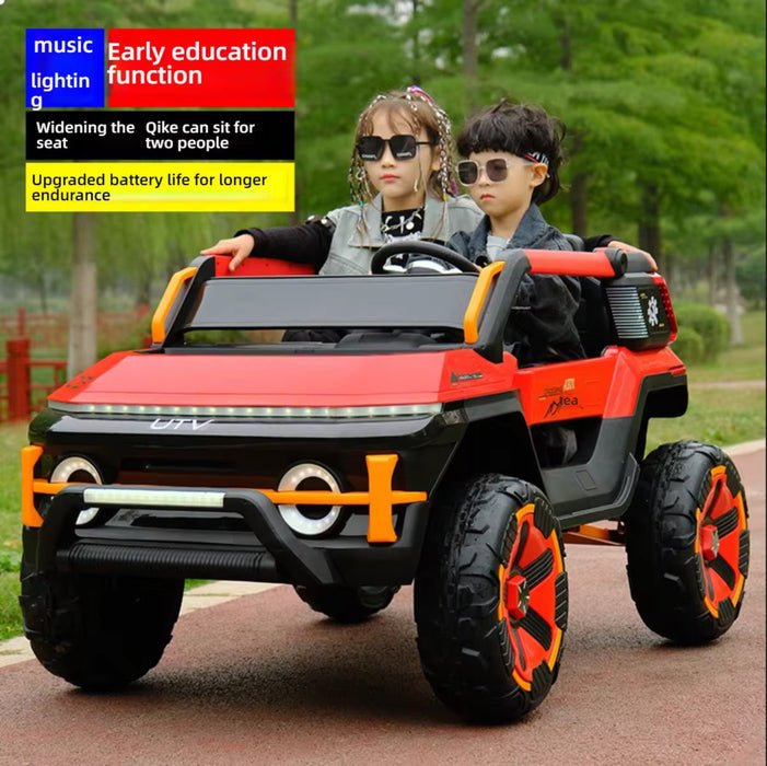 Two children in a red and black toy SUV with promotional text about its features.