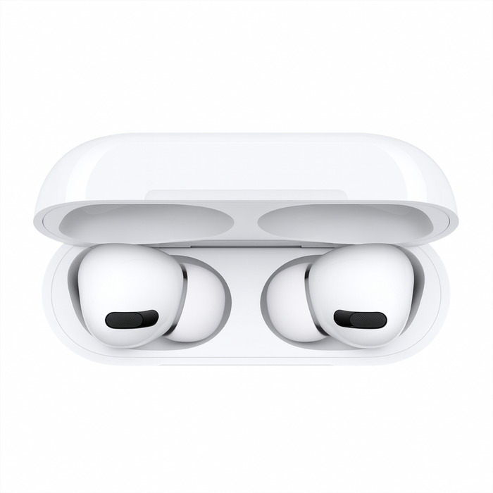 White wireless earbuds in a charging case on a white background