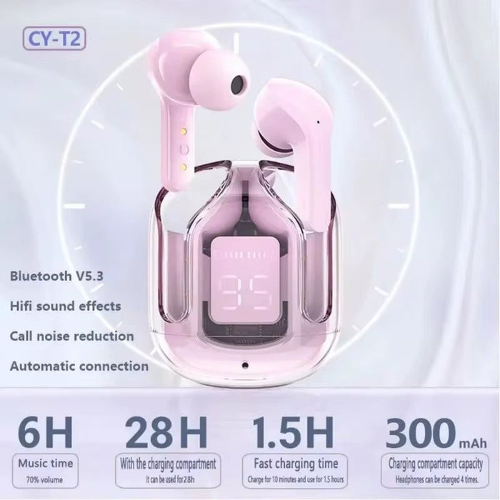 Pink wireless earbuds with charging case on a light gray background