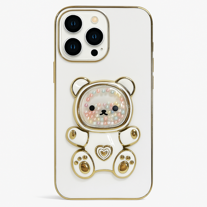 Teddy Bear Kickstand Case for iPhone 16 Pro Max – Glossy Finish with Gold Trim & Pearl Details
