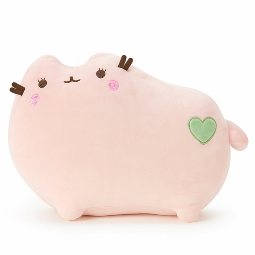 Pink plush toy with a heart on a white background