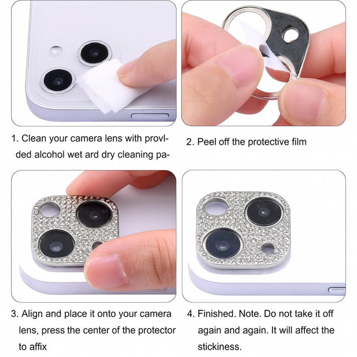 Step-by-step guide on applying a camera lens protector with a diamond-like design.