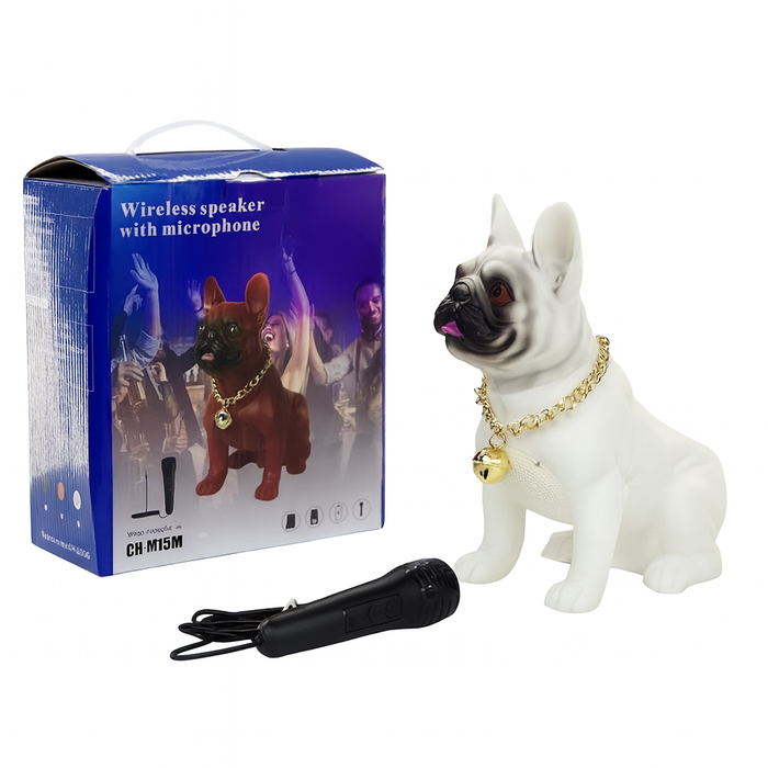 White dog-shaped wireless speaker with microphone and packaging on a white background