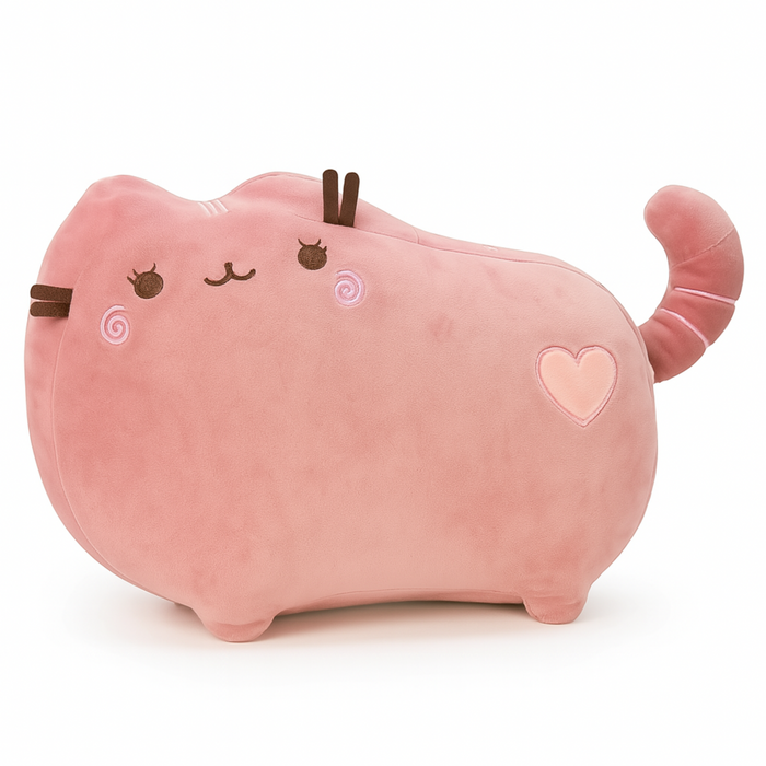 Pink plush toy with a heart on a white background