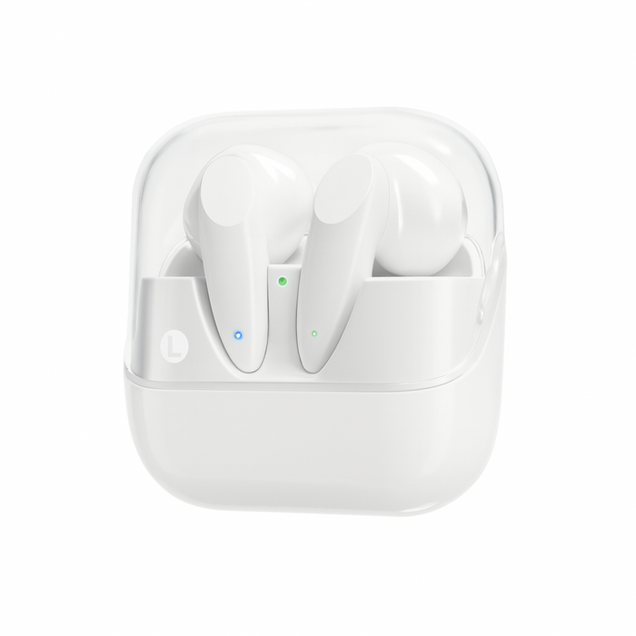 White wireless earbuds in a charging case on a white background