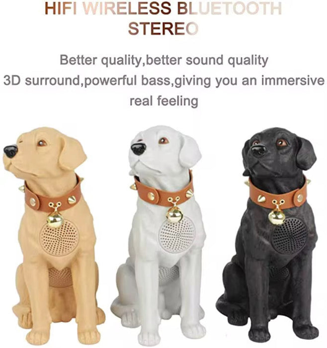 Three dog-shaped Bluetooth speakers with leather collars on a white background.
