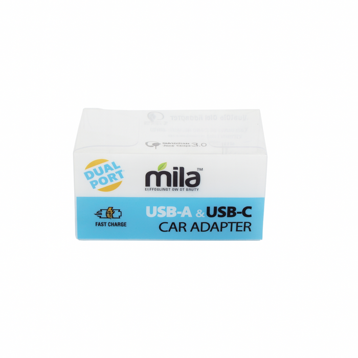Mila USB-A & USB-C car adapter packaging on a white background