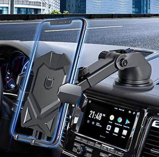 Car phone holder with a long arm on a car dashboard with a cityscape background