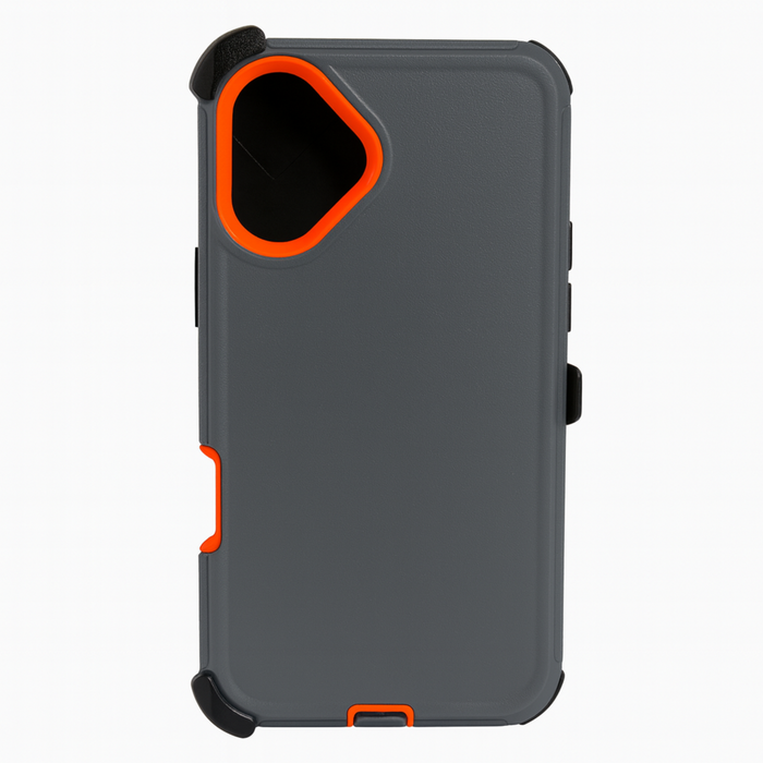 Black phone case with orange accents on a white background
