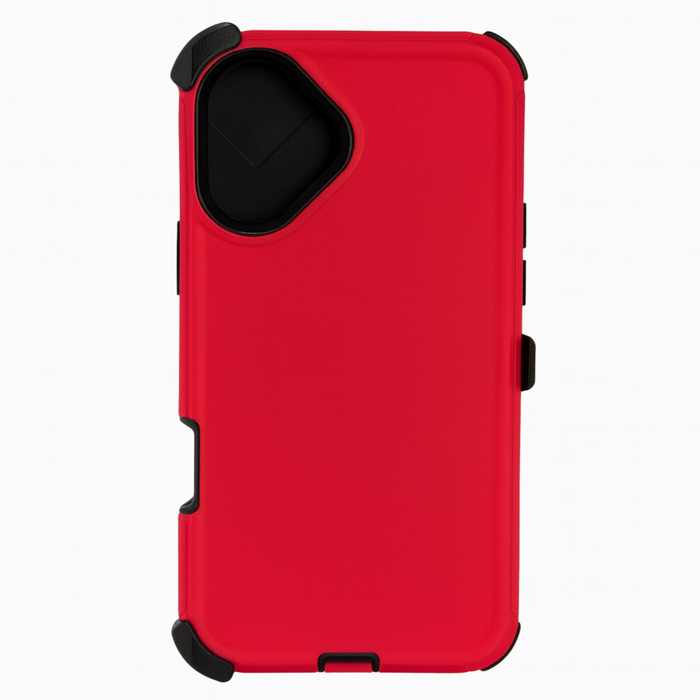 Red phone case with black accents on a white background