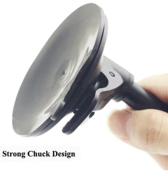 Hand holding a device with a strong chuck design on a white background